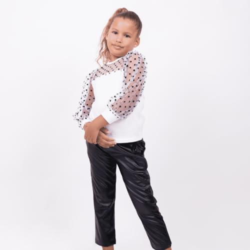 Back to school Clothes - Girls Polka-Dot Mesh Top + Pu Leather Pants G0009