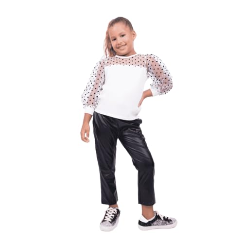 Back to school Clothes - Girls Polka-Dot Mesh Top + Pu Leather Pants G0009
