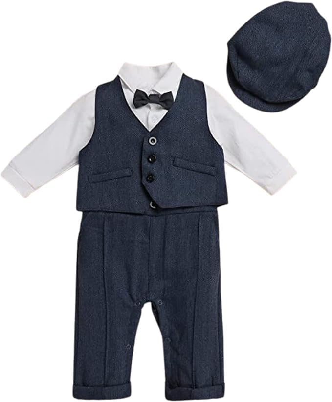 Baby and Toddler Boy Jumpsuit + Beret Hat + Suspenders & Bow Tie - B0001