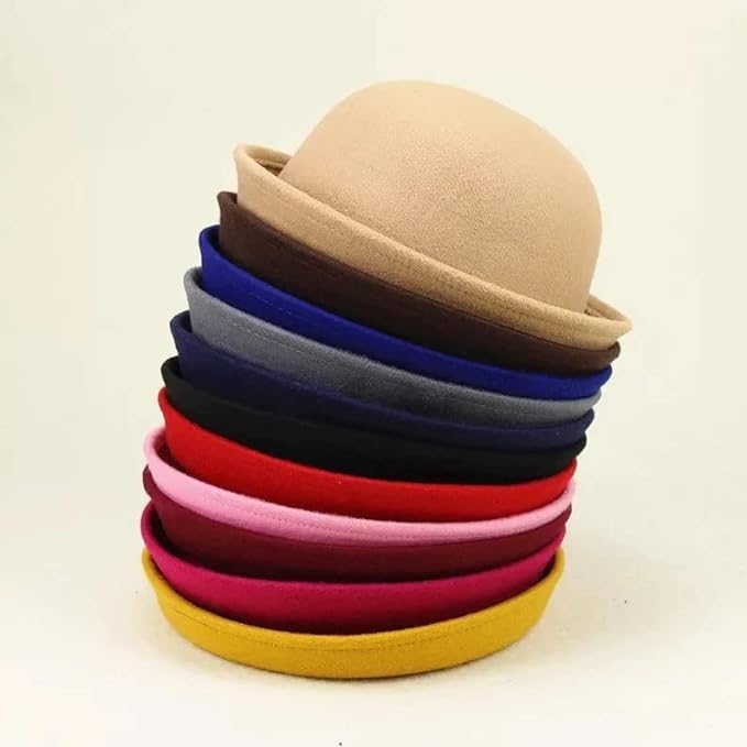 Cute Girls Wool Felt Bowler Hat with Roll up Brim