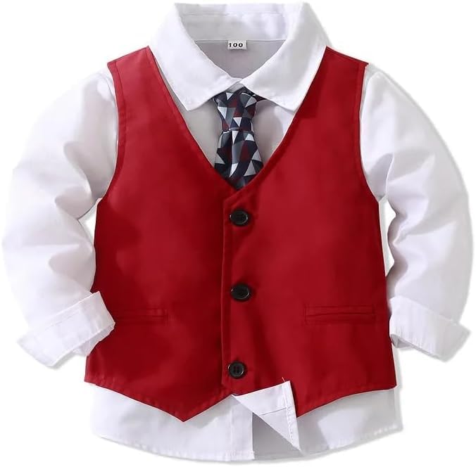 Toddler Boys Christmas Outfit Formal Suit Long Sleeve Shirt + Pants + Vest + Tie - B0029