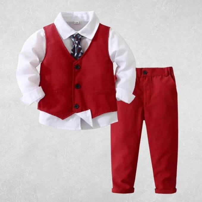 Toddler Boys Christmas Outfit Formal Suit Long Sleeve Shirt + Pants + Vest + Tie - B0029