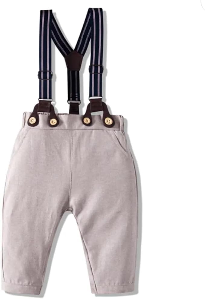 Baby Boy Bodysuit Set | White & Navy Blue Shirt + Suspenders + Pants + Beret Hat