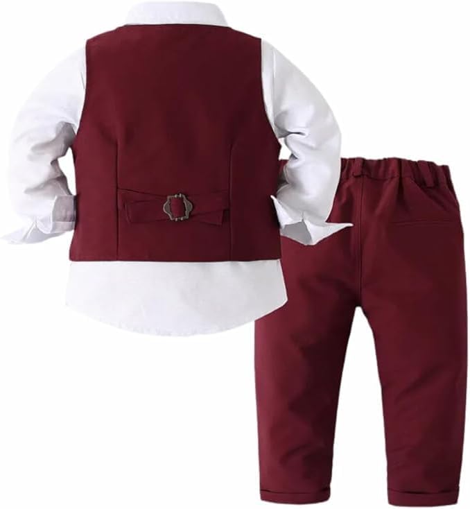 Toddler Boys Christmas Outfit Formal Suit Long Sleeve Shirt + Pants + Vest + Tie - B0029