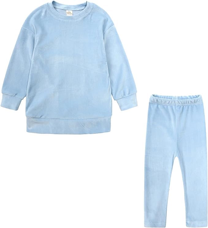 Little Girls Velour Sweatsuit 2pcs Round Neck Sweatshirt + Sweatpants Pullover Jogger Outfit Set - G0001