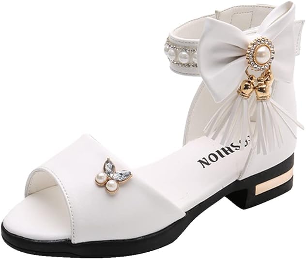 Girls' Elegant Ankle Strap Sandals with Pearls and Bow - S0044