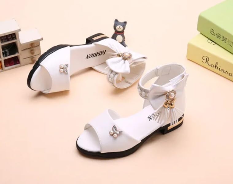Girls' Elegant Ankle Strap Sandals with Pearls and Bow - S0044