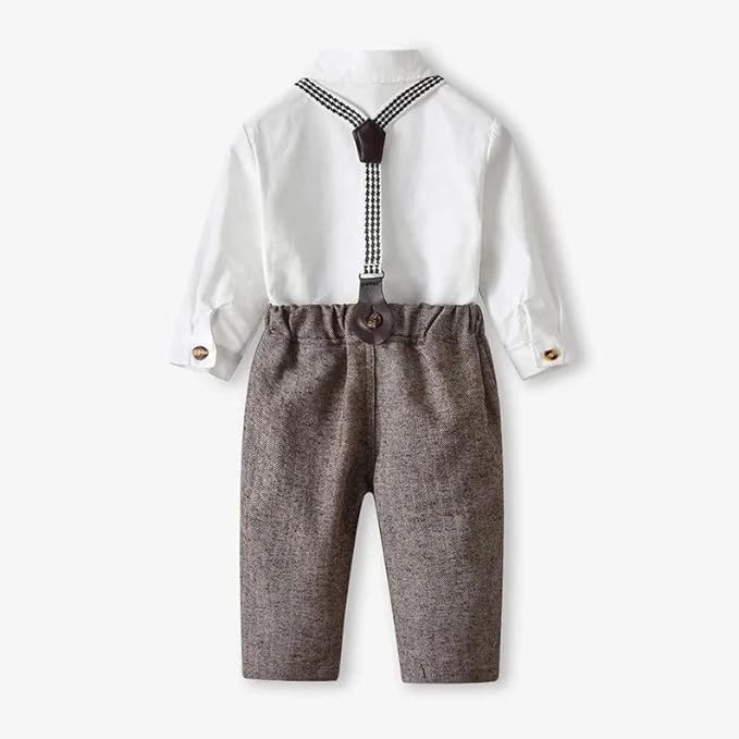 Baby Boys Gentleman Dress Shirt + Pants + Suspenders & Bow Tie 3 pcs Set - B0003