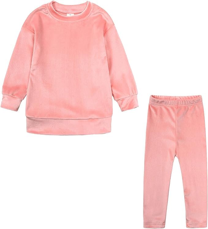 Little Girls Velour Sweatsuit 2pcs Round Neck Sweatshirt + Sweatpants Pullover Jogger Outfit Set - G0001