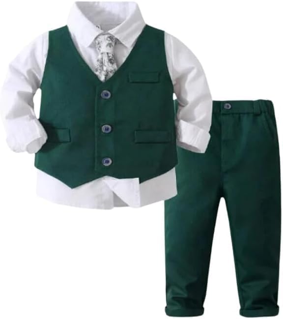 Toddler Boys Christmas Outfit Formal Suit Long Sleeve Shirt + Pants + Vest + Tie - B0029