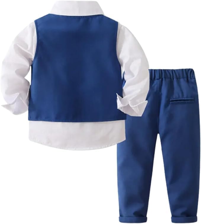 Toddler Boys Christmas Outfit Formal Suit Long Sleeve Shirt + Pants + Vest + Tie - B0029