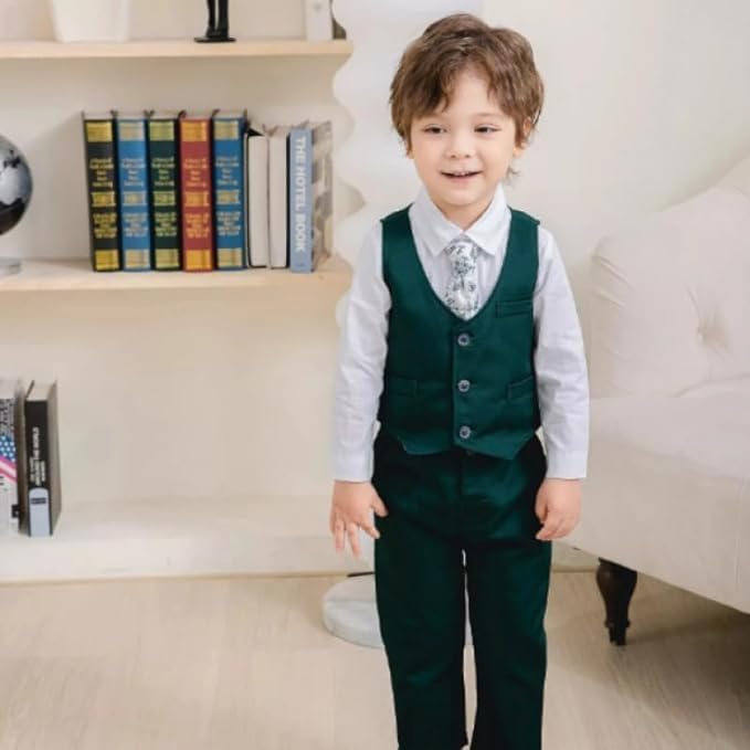 Toddler Boys Christmas Outfit Formal Suit Long Sleeve Shirt + Pants + Vest + Tie - B0029