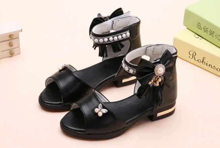 Girls' Elegant Ankle Strap Sandals with Pearls and Bow - S0044