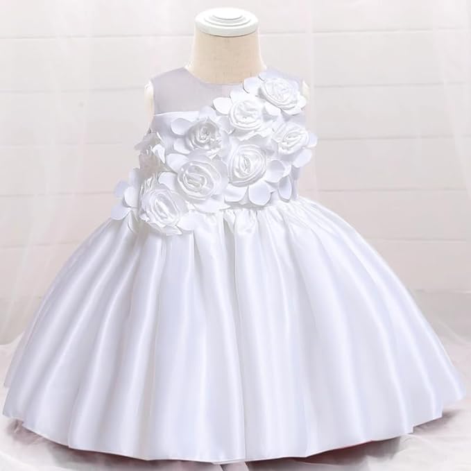 Satin Dress for Babies and Girls with Floral Applications - G0111