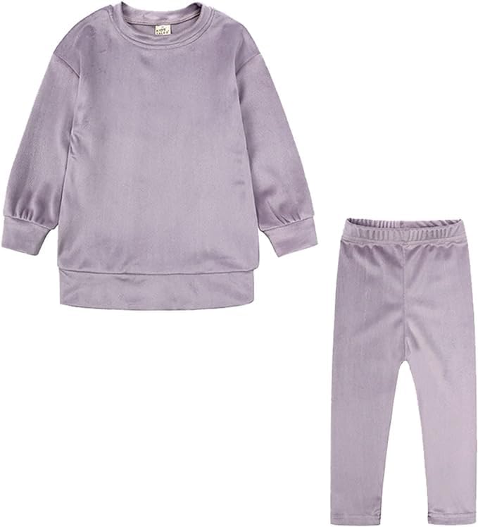 Little Girls Velour Sweatsuit 2pcs Round Neck Sweatshirt + Sweatpants Pullover Jogger Outfit Set - G0001