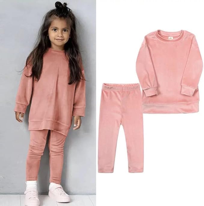 Little Girls Velour Sweatsuit 2pcs Round Neck Sweatshirt + Sweatpants Pullover Jogger Outfit Set - G0001