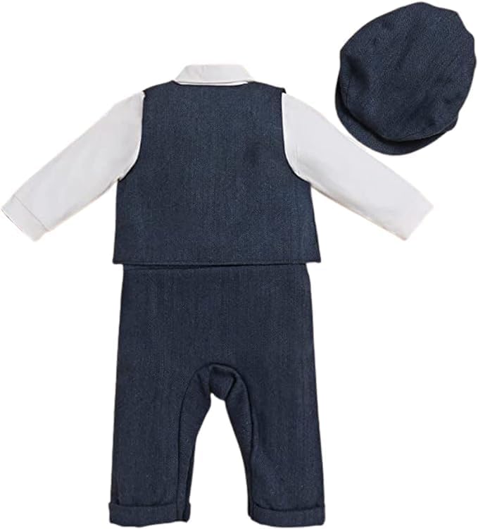 Baby and Toddler Boy Jumpsuit + Beret Hat + Suspenders & Bow Tie - B0001