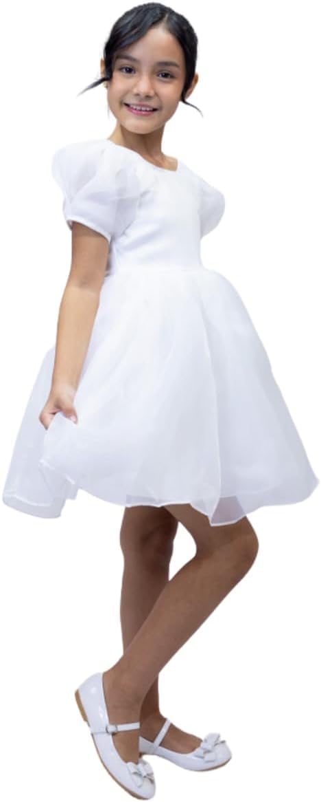 Flower girl's satin dress with puffed sleeves - G0036