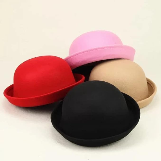 Cute Girls Wool Felt Bowler Hat with Roll up Brim