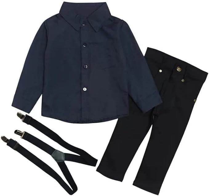 Boys' Stylish Black Shirt and Suspender Pants Set - B0024