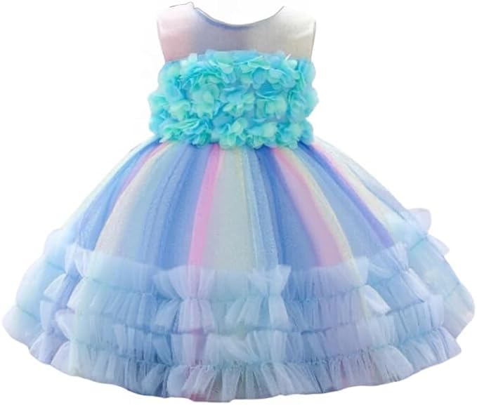 Rainbow Tutu Skirt Dress with Flower Application for Babies and Toddlers - G0105