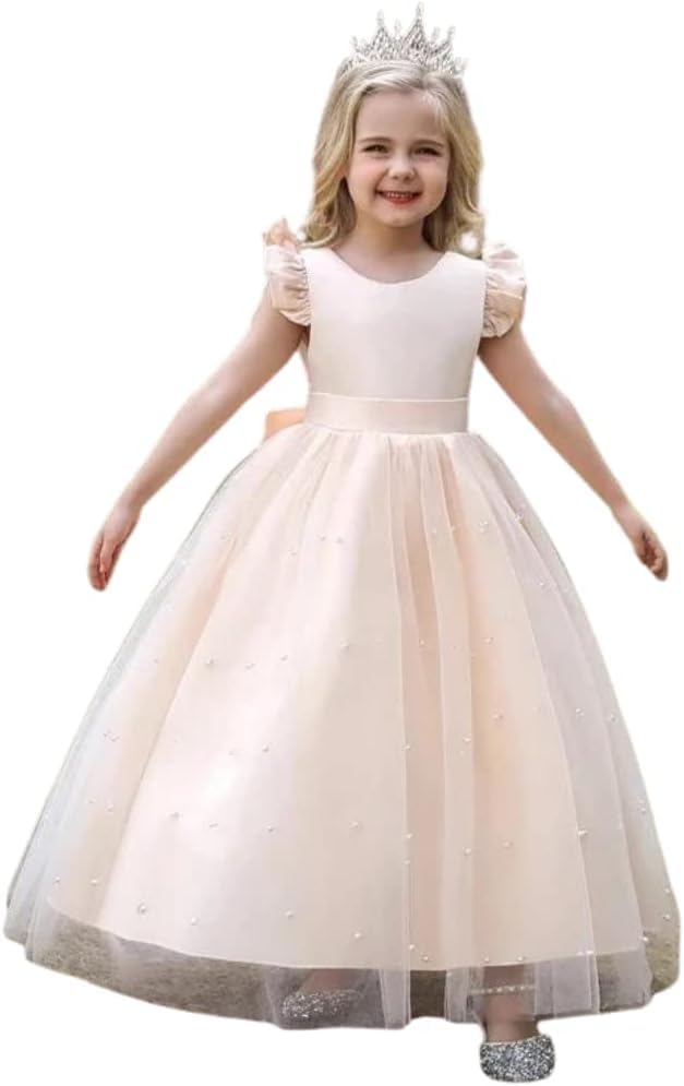 Elegant Satin Dress with Tulle Skirt Overlay and Pearl appliqués - G0030