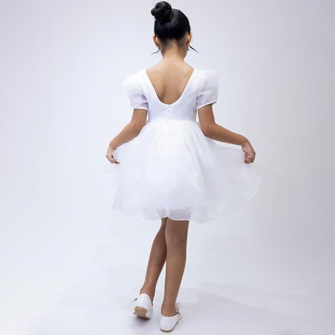 Flower girl's satin dress with puffed sleeves - G0036