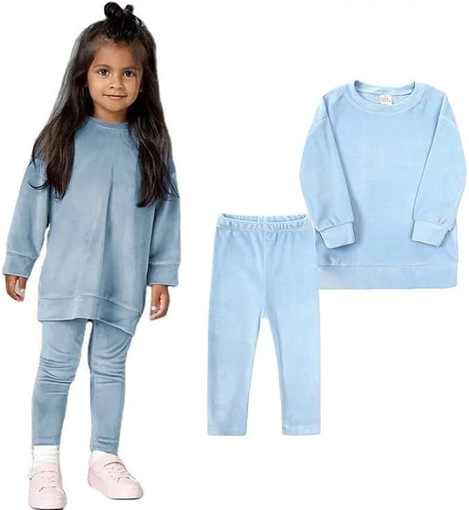 Little Girls Velour Sweatsuit 2pcs Round Neck Sweatshirt + Sweatpants Pullover Jogger Outfit Set - G0001