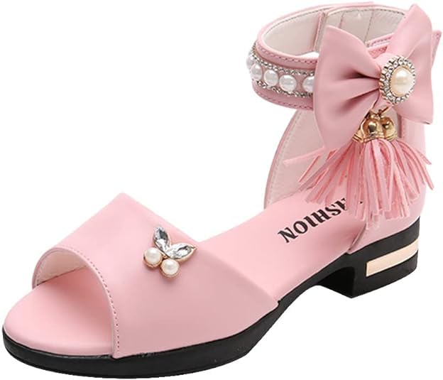 Girls' Elegant Ankle Strap Sandals with Pearls and Bow - S0044