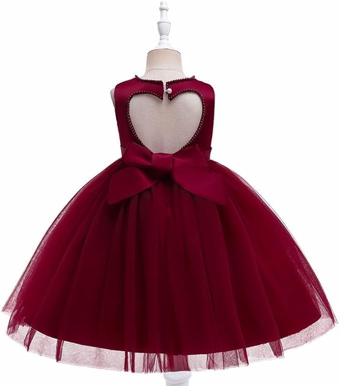 Girls Satin Princess Dress with Pearls and Love Shape Back - G0062