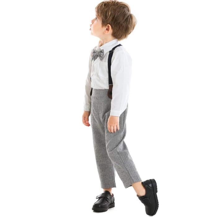 Boys' Gray Suspender Pants Set with Bow Tie - B0020