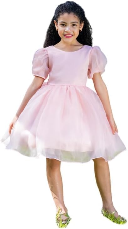 Flower girl's satin dress with puffed sleeves - G0036
