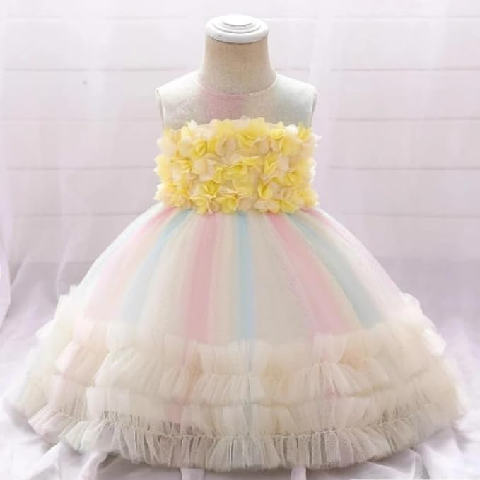Rainbow Tutu Skirt Dress with Flower Application for Babies and Toddlers - G0105