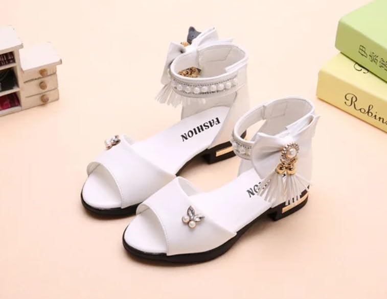 Girls' Elegant Ankle Strap Sandals with Pearls and Bow - S0044
