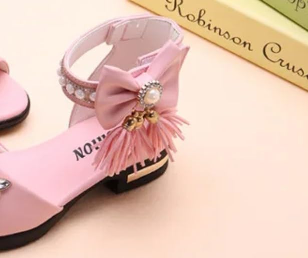 Girls' Elegant Ankle Strap Sandals with Pearls and Bow - S0044