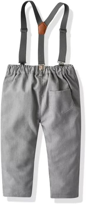 Boys' Striped Shirt and Gray Suspender Pants Set with Bow Tie - B0023