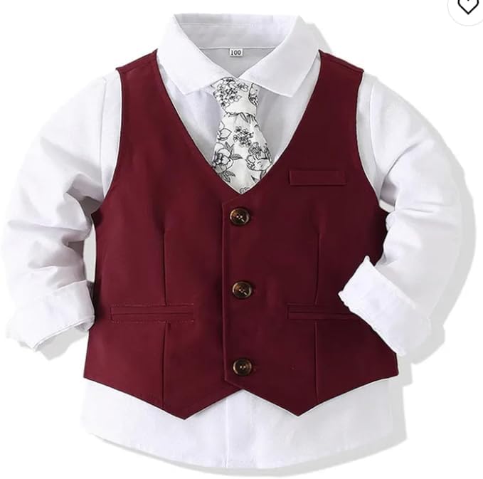Toddler Boys Christmas Outfit Formal Suit Long Sleeve Shirt + Pants + Vest + Tie - B0029