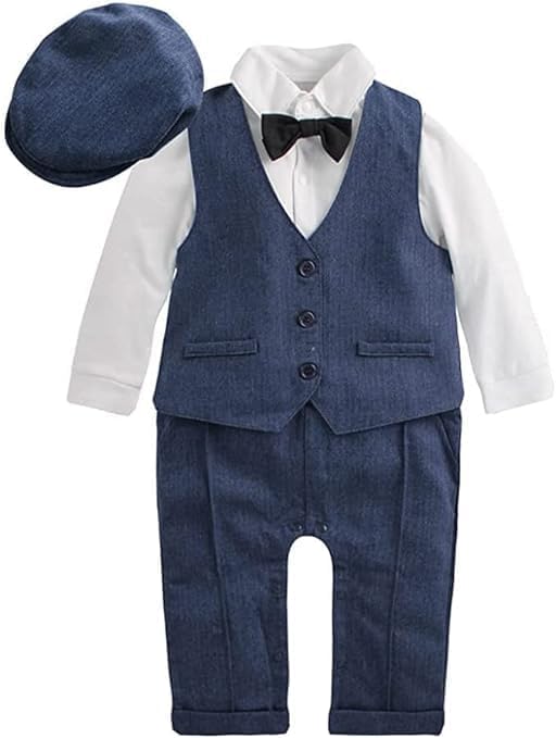 Baby and Toddler Boy Jumpsuit + Beret Hat + Suspenders & Bow Tie - B0001