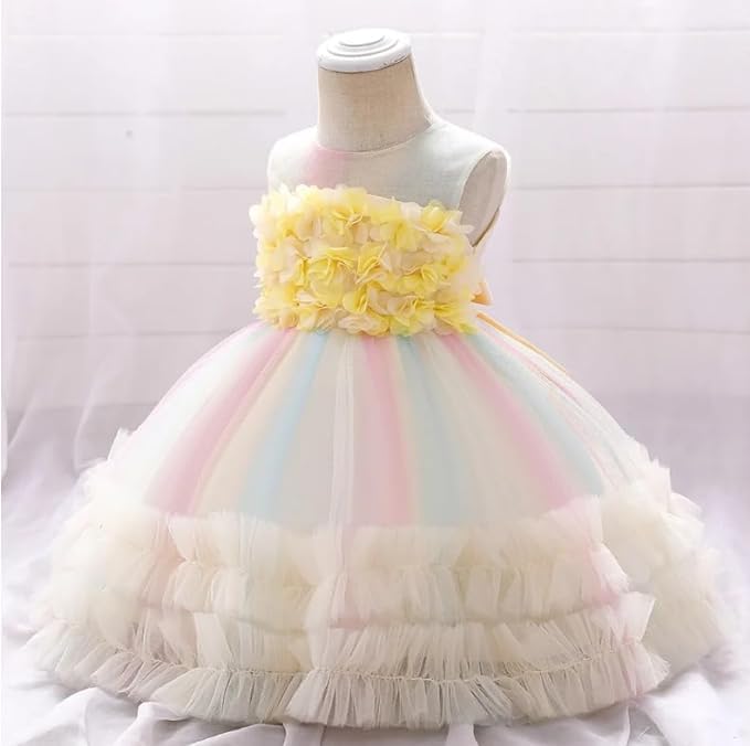 Rainbow Tutu Skirt Dress with Flower Application for Babies and Toddlers - G0105