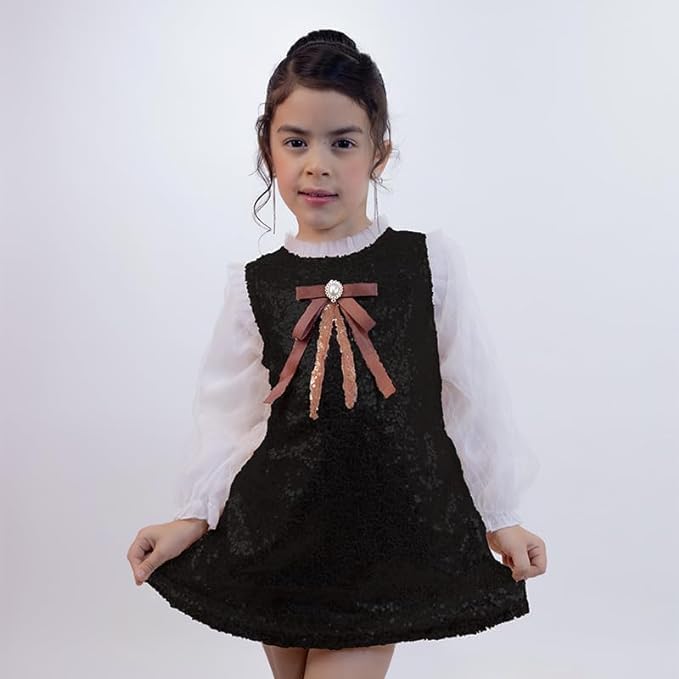 Girls Sequin Midi Dress with Tulle Long Sleeves Winter Dress - G0063