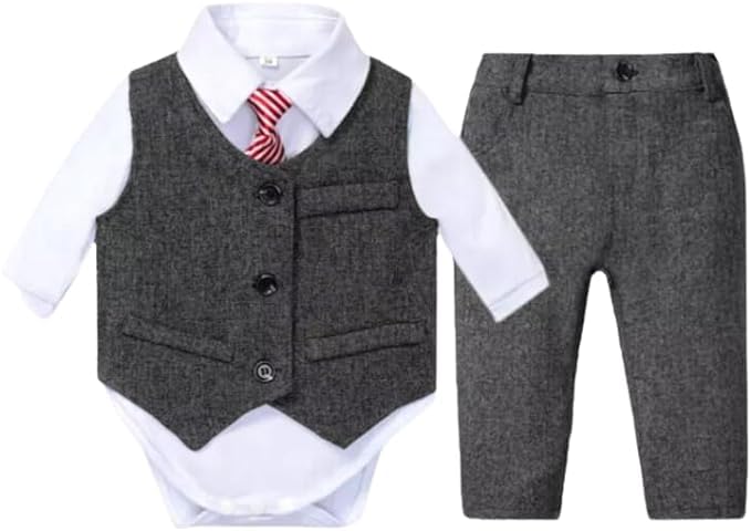 Newborn Boys Wool Set Vest + Pants + Jumpsuit Dress Shirt & Striped Tie - B0026