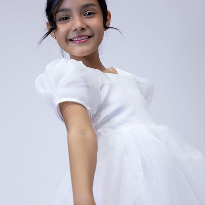 Flower girl's satin dress with puffed sleeves - G0036