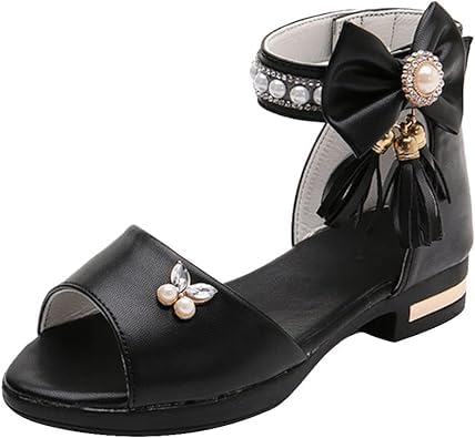 Girls' Elegant Ankle Strap Sandals with Pearls and Bow - S0044