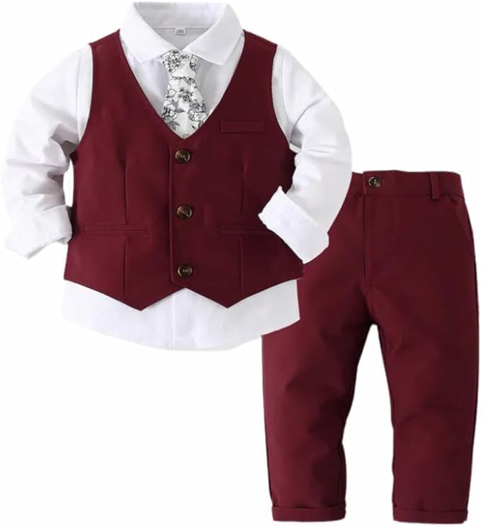 Toddler Boys Christmas Outfit Formal Suit Long Sleeve Shirt + Pants + Vest + Tie - B0029