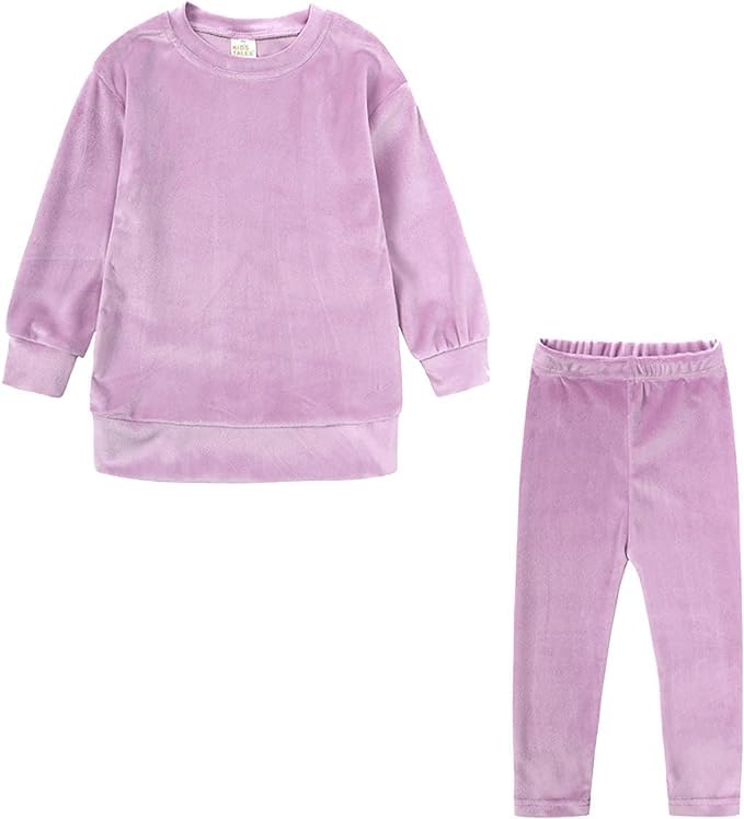 Little Girls Velour Sweatsuit 2pcs Round Neck Sweatshirt + Sweatpants Pullover Jogger Outfit Set - G0001