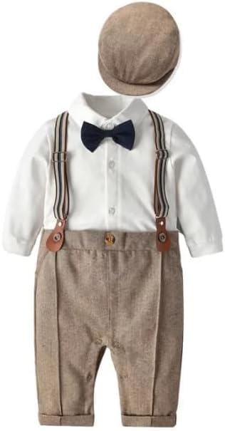Baby and Toddler Boy Jumpsuit + Beret Hat + Suspenders & Bow Tie - B0001