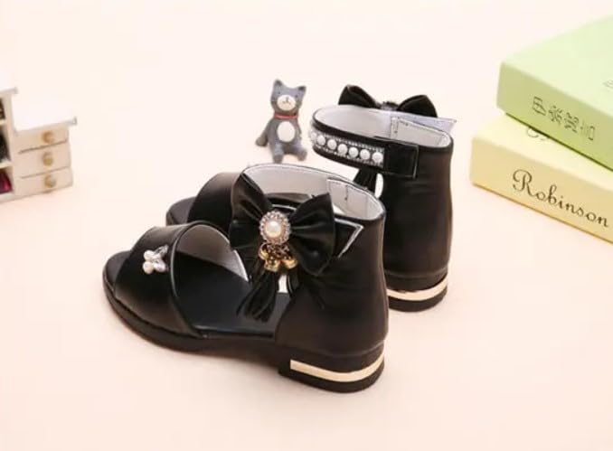 Girls' Elegant Ankle Strap Sandals with Pearls and Bow - S0044