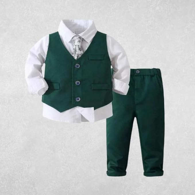 Toddler Boys Christmas Outfit Formal Suit Long Sleeve Shirt + Pants + Vest + Tie - B0029