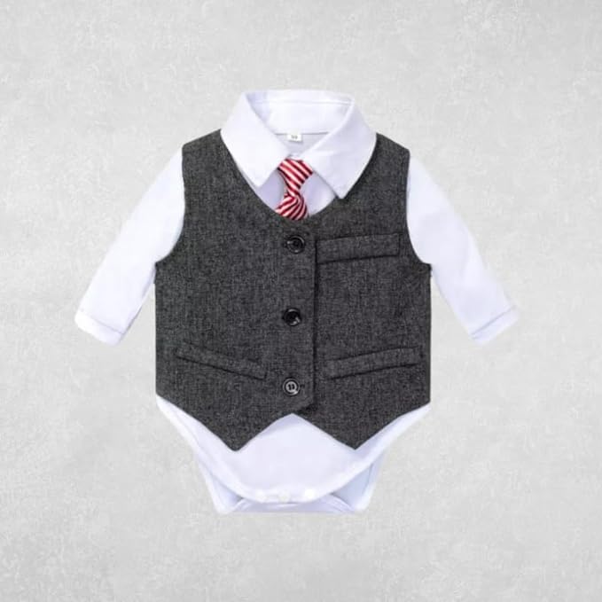 Newborn Boys Wool Set Vest + Pants + Jumpsuit Dress Shirt & Striped Tie - B0026