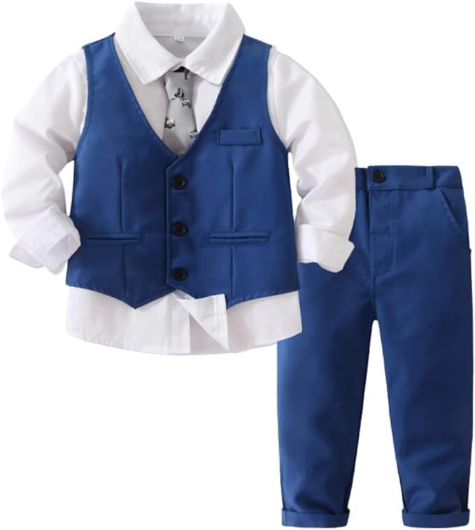 Toddler Boys Christmas Outfit Formal Suit Long Sleeve Shirt + Pants + Vest + Tie - B0029